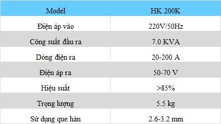 Model HK 200K Điện áp vào 220V/50Hz Công suất đầu ra 7.0 KVA Dòng điện ra 20-200 A Điện áp ra 50-70 V Hiệu suất >85% Trọng lượng 5.5 kg Sử dụng que hàn 2.6-3.2 mm
